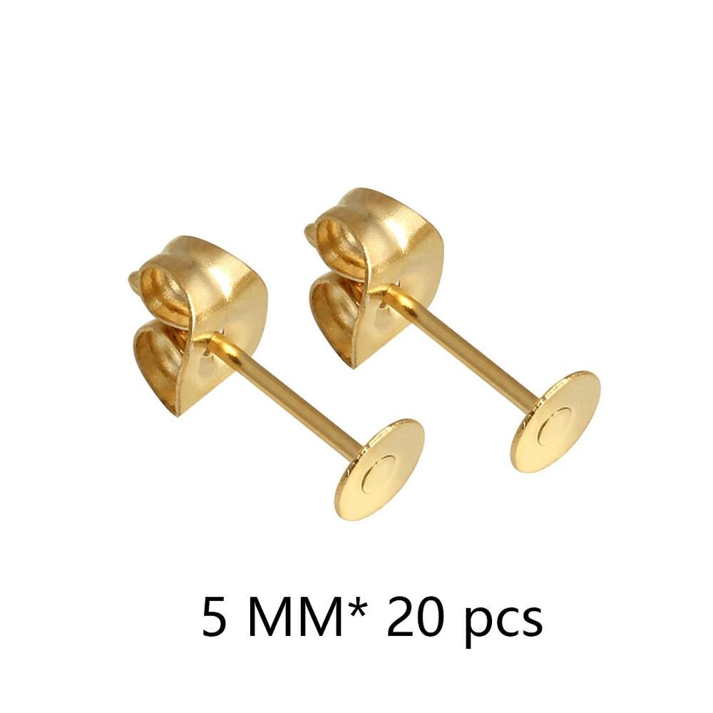 Lote de pendientes de poste de acero inoxidable blanco, 100 unidades, pasadores de Base con tapón para pendientes, reverso de oreja para joyería DIY, soporte de cabujón: 5mm X 20pcs
