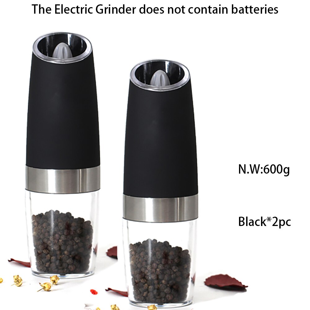 2Pcs Zwaartekracht Elektrische Zout En Peper Molen Automatische Pepermolen Led Licht Spice Kruid Batterij Keuken Gadgets Zwart En slive: 2pcs Black