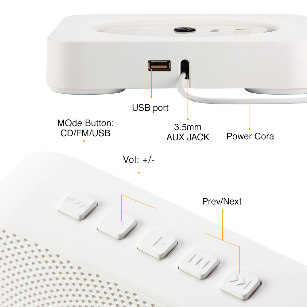 Et cd-afspiller vægmonterede bluetooth musikafspillere med fjernbetjening / 3.5mm hovedtelefonstik/ usb adapter understøtter fm radio  mp3