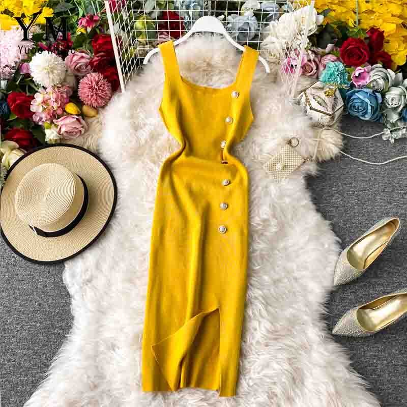 Yuoomuoo ins kvinder sommer strikkjole sommerknapper split bodycon kjole slank dame kontorkjole: Gul