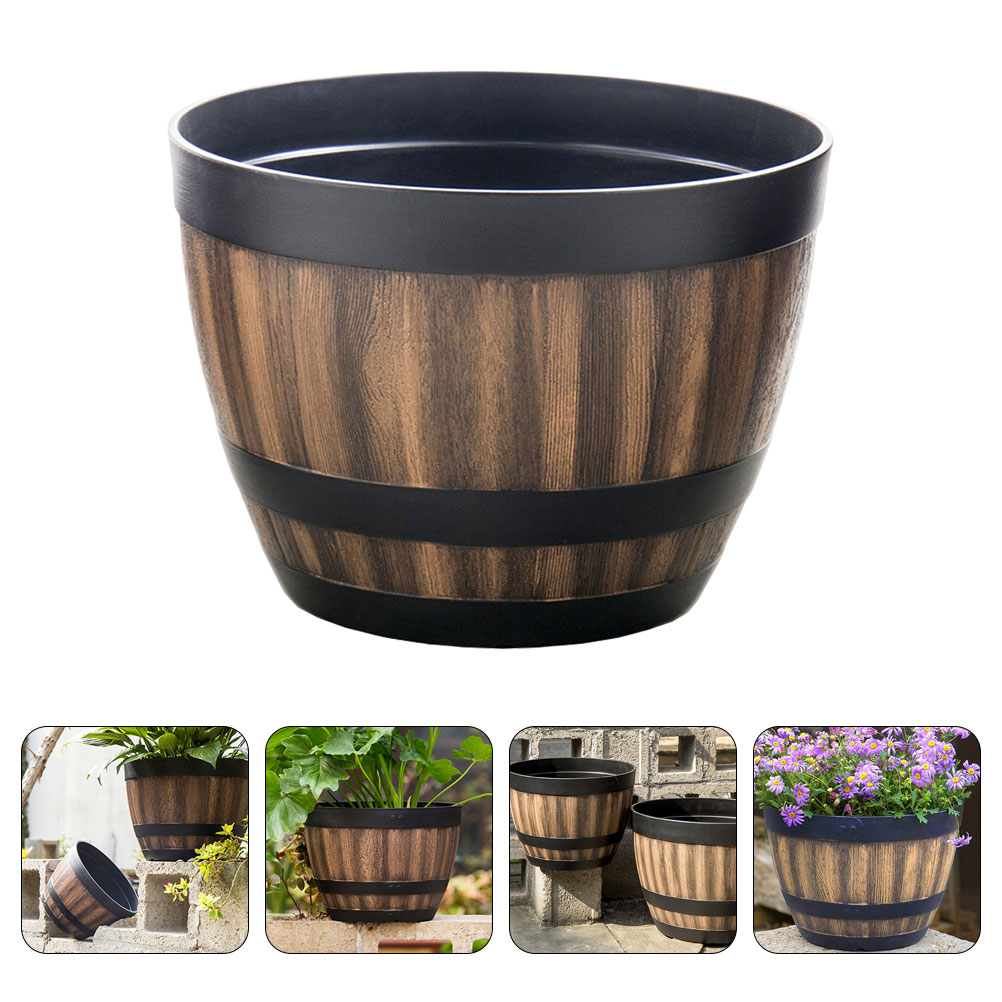 Multifunktionel retro plantekasse imiteret trætønde plastik urtepotte plantepotte haveartikler blomsterpotter plantekasser: Default Title