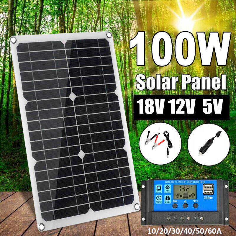 100W Solar Panel Kit 18V /5V Dual USB Port Off Grid Monocrystalline Solar Cell Charger + 10-60A Solar Controller for Mobie Phone