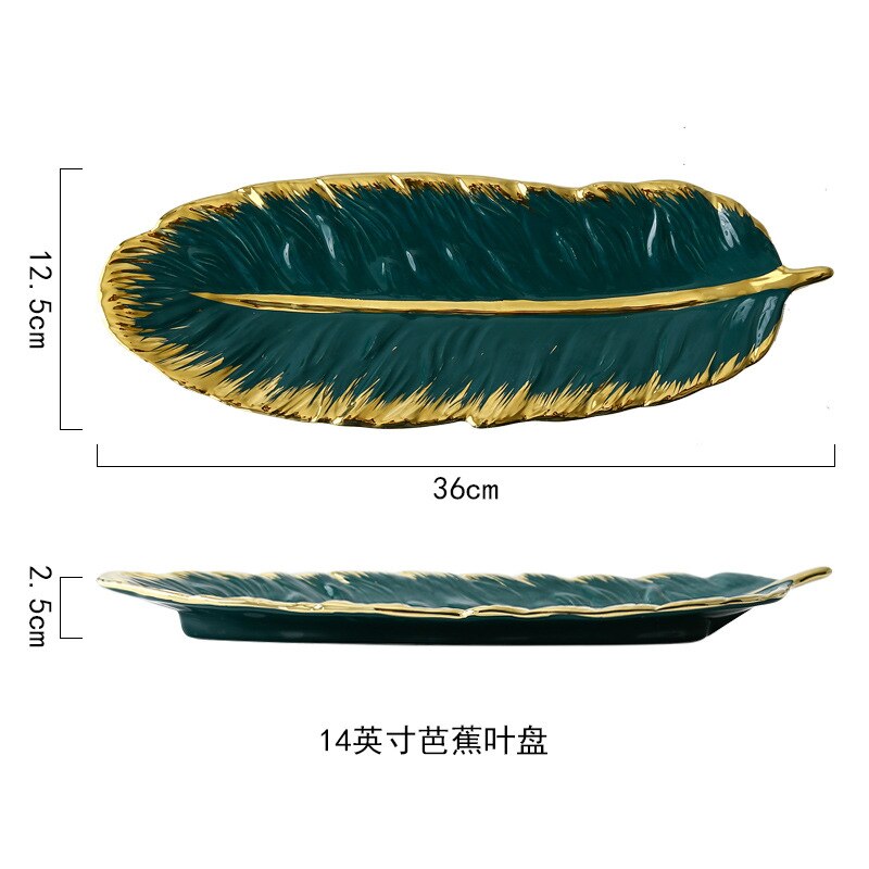 Bladguld keramik opbevaringsbakke smykker display tallerken dessert snack kage tallerken fad restaurant serveringsbakke: 36 x 12.5 x 2.5cm grøn