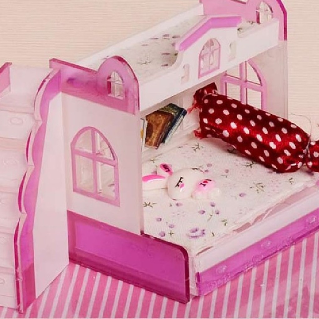 1/12 Dollhouse Miniature Children Bedroom Furniture Bunk Bed Double Bunk With Accessories Purple Color For Little Girls