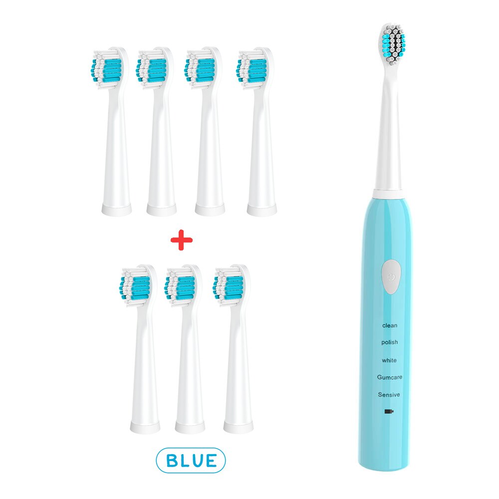 Powerful Ultrasonic Sonic Electric Toothbrush USB Charge Rechargeable Tooth Brushes Washable Electronic Whitening Teeth Brush: Blue-brush head