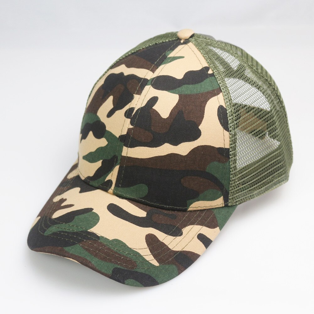 Dames roze baseballpet met camouflagepatroon, rommelige hoge knot, paardenstaart, mesh truckerpet, verstelbaar: Camouflage