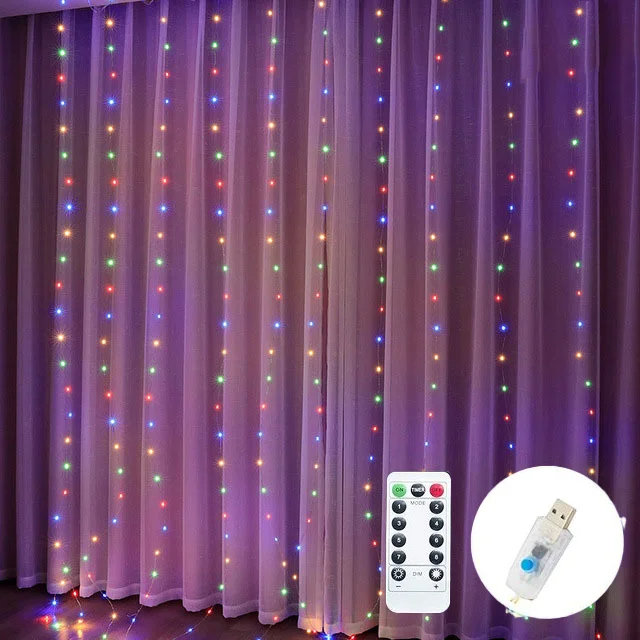 Guirnalda de cortina LED de 3/6M en la ventana, guirnaldas de luces alimentadas por USB con control remoto, guirnalda de luces Led de Año , decoración navideña: Verde / 300 W