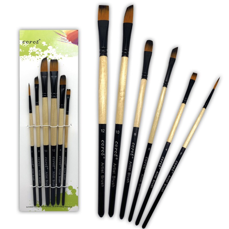 COROT-Juego de pinceles de nailon para pintar, Set de pinceles para pintar con pelo de nailon, diferentes cabezales, varilla corta, pincel acrílico al óleo, suministros de arte para acuarela, 6 uds.: 1010-6C