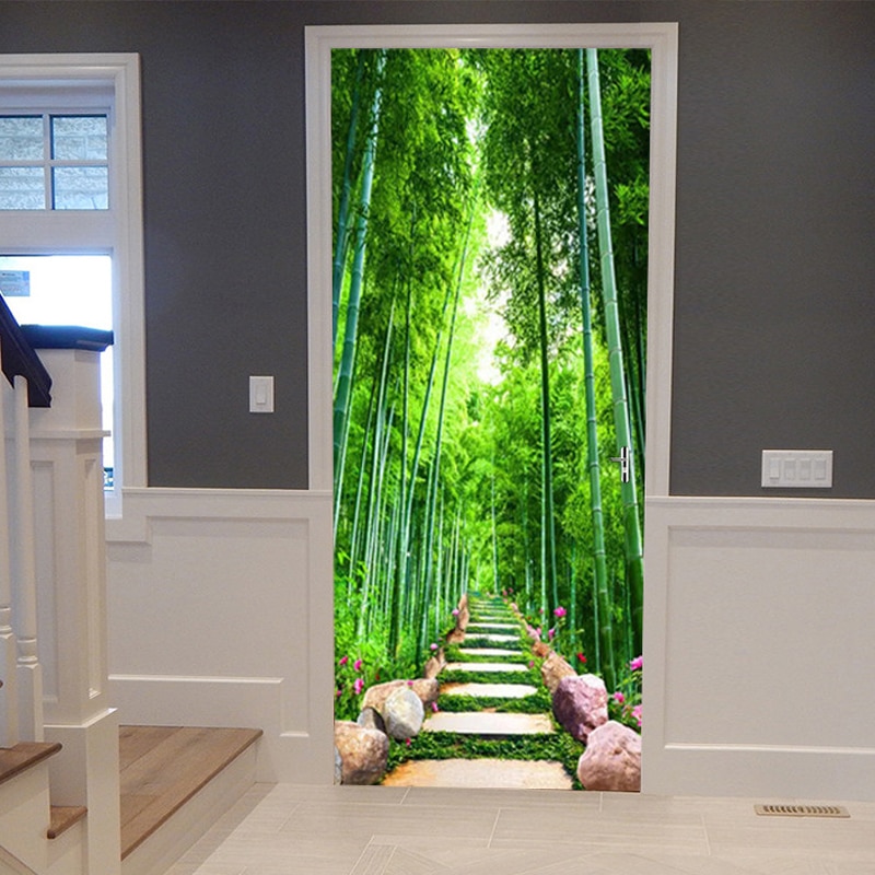 Green Forest Nature Landscape Door Sticker Living Room Bedroom Wallpaper PVC Self-Adhesive Home Decor Door Decals Wall Stickers