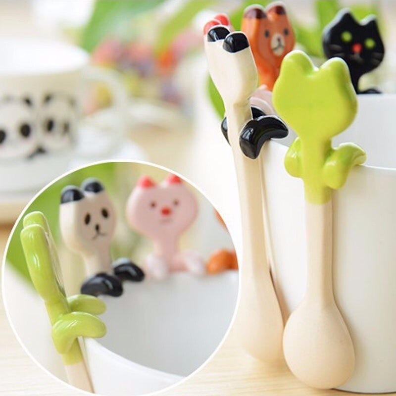 Kawaii Ceramic Coffee Tea Sauce Spoon Panda Bear Frog Cat Animal Shape Sauce Scoop Stirring Mixing Spoon coffee scoop with clip
