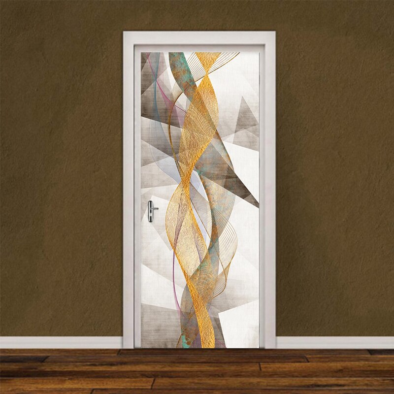 PVC Door Sticker Modern Simple Geometric Gold Lines Mural Wallpaper Living Room Bedroom Self-Adhesive Waterproof 3D Wall Sticker