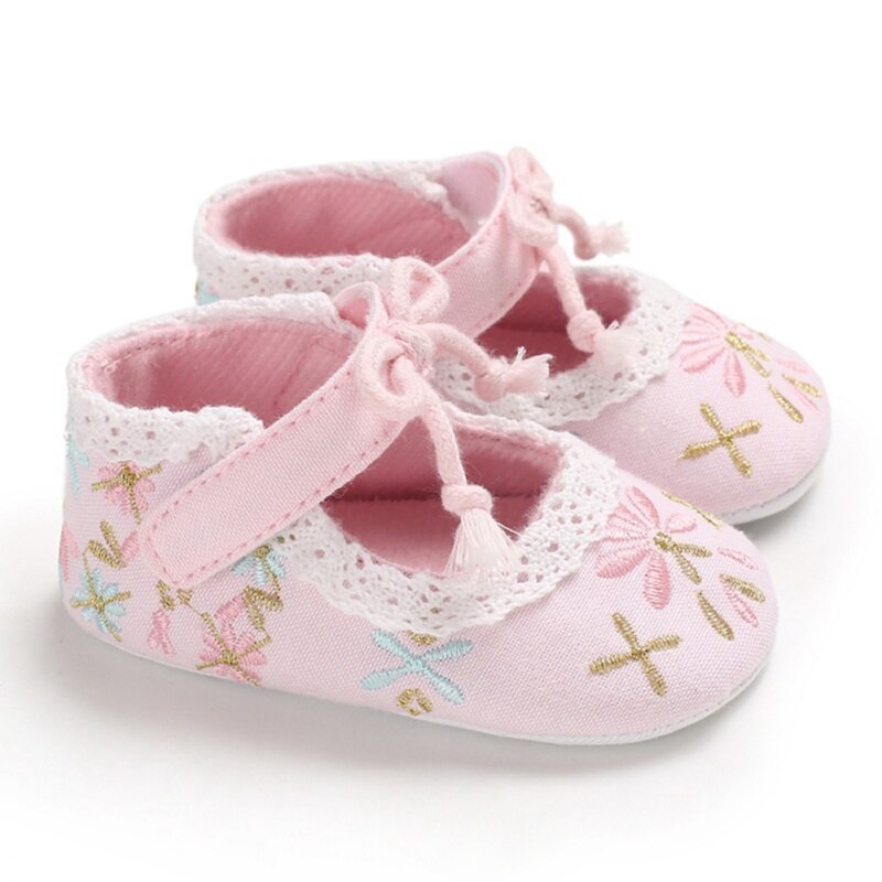 Baby Girl First Walkers Cartoon Floral Embroidery Soft Sole Baby Crib Shoes With Bowknot 0-18M