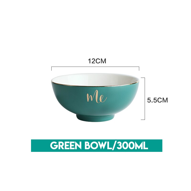 Tasse à café cuillère fourchette couteau | Vaisselle en céramique nordique, bol de vaisselle plaqué or ensembles de plats et d'assiettes, décorations de noël pour la maison: Green Bowl 300ML