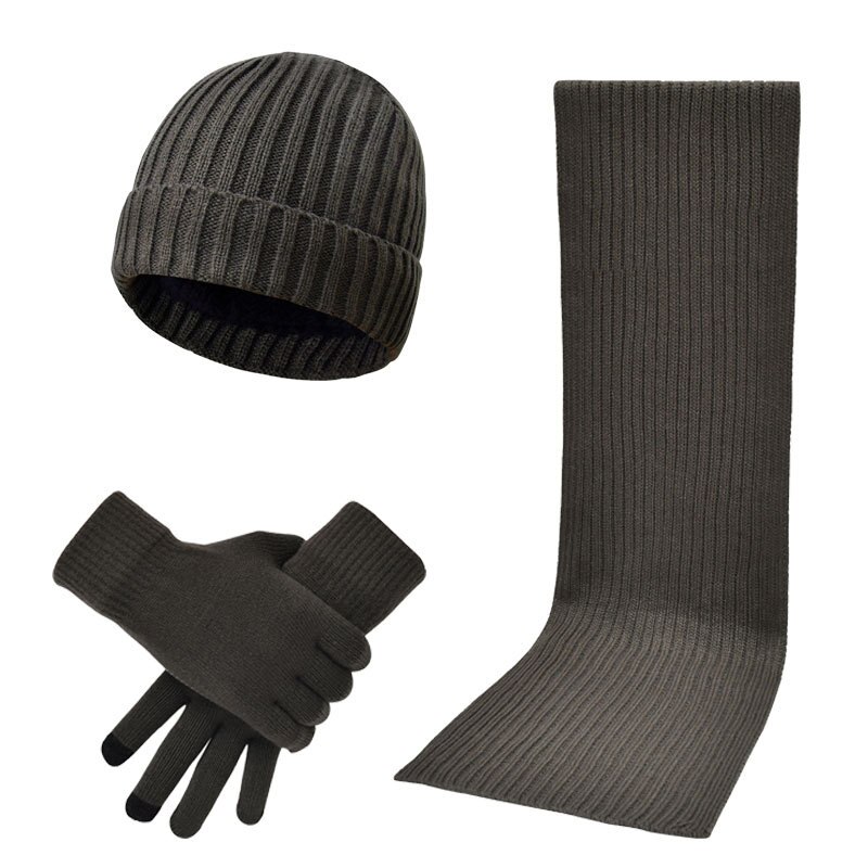 3 pice / sæt varm strikket tørklæde handsker hat sæt kvindelig cirkel hals skærm touch finger temperament varm beanie tørklæder handske bomuld: Mørkegrå