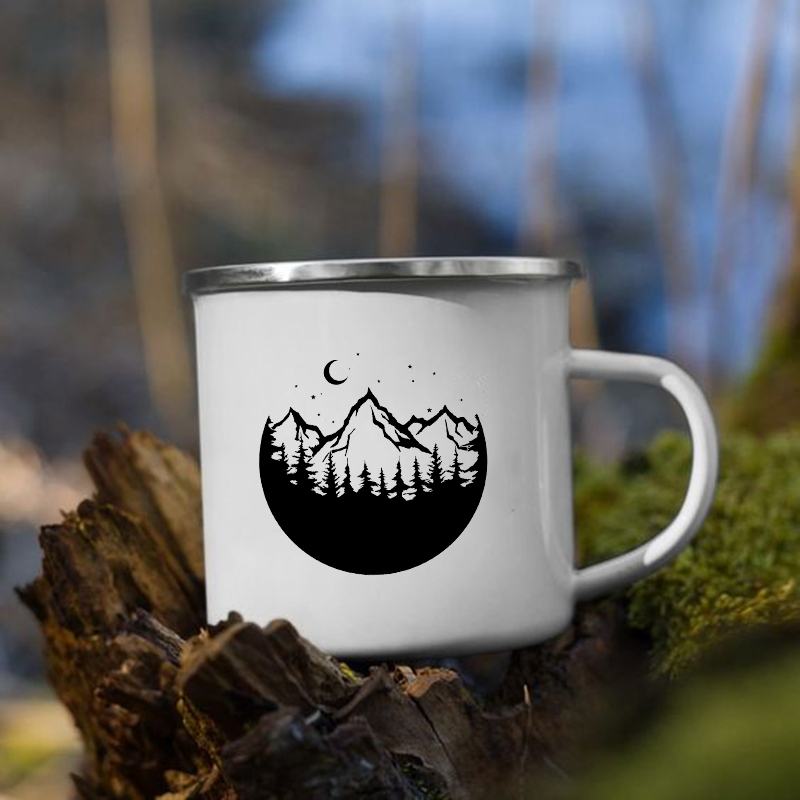 Taza con estampado de bosque y montaña, tazas creativas para café, té, bebidas, agua, desayuno, leche, Camping, senderismo, con asa,: XH1708-A015WH-8