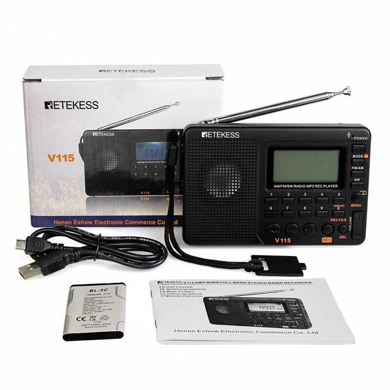 V-115 Portable Radio Full Band Radio Recorder FM AM MP3 Playback Support Plug TF 3.5 MM AUX Input Adjustable LCD Backlight