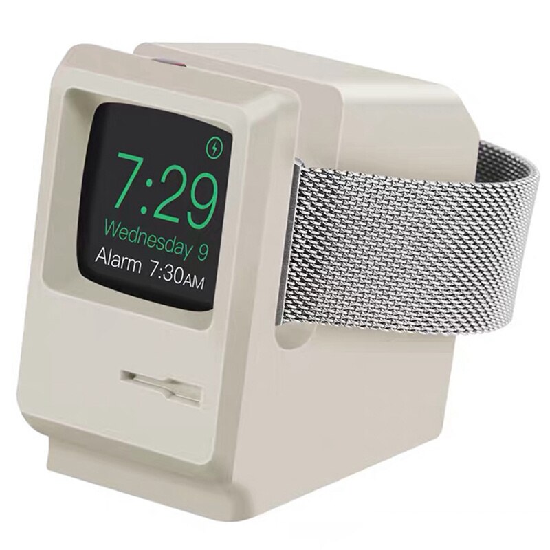 Voor Apple Horloge 7 6 5 4 Iwatch 3 2 1 Silicone Stand Charging Dock Houder Retro Computer Patroon Nachtkastje keeper Beugel Base: White