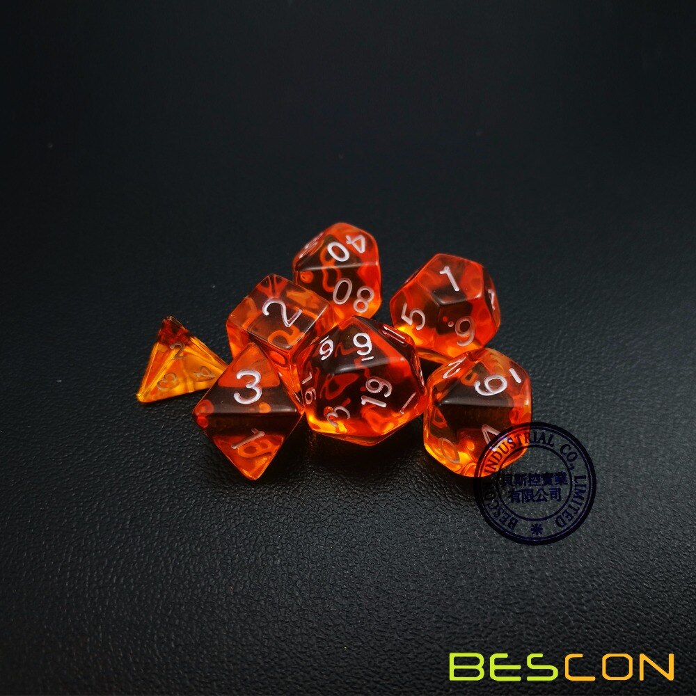 Bescon Mini Doorschijnende Polyhedral Rpg Dobbelstenen Set 10 Mm, kleine Rpg Rol Playing Game Dobbelstenen Set D4-D20 In Buis, Transparant Oranje