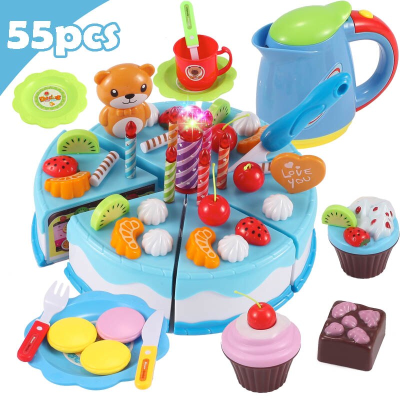 Neueste DIY Pretend Spielen Obst Schneiden Geburtstag Kuchen Küche Lebensmittel Spielzeug Cocina De Juguete Spielzeug Rosa Blau Mädchen für kinder: 55Pcs Blue