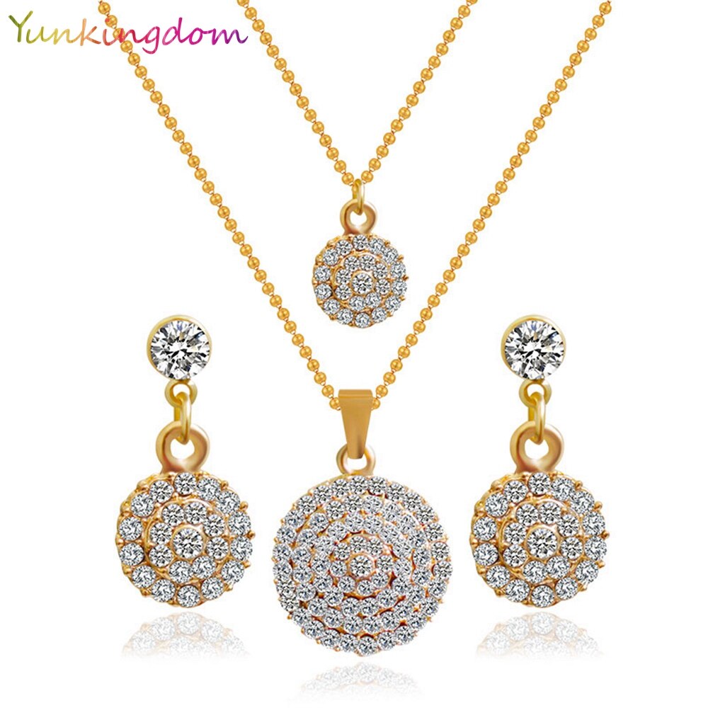 Yunkingdom Gold Color Round Crystal Stones Stylish Necklace Earrings Wedding Jewelry Sets