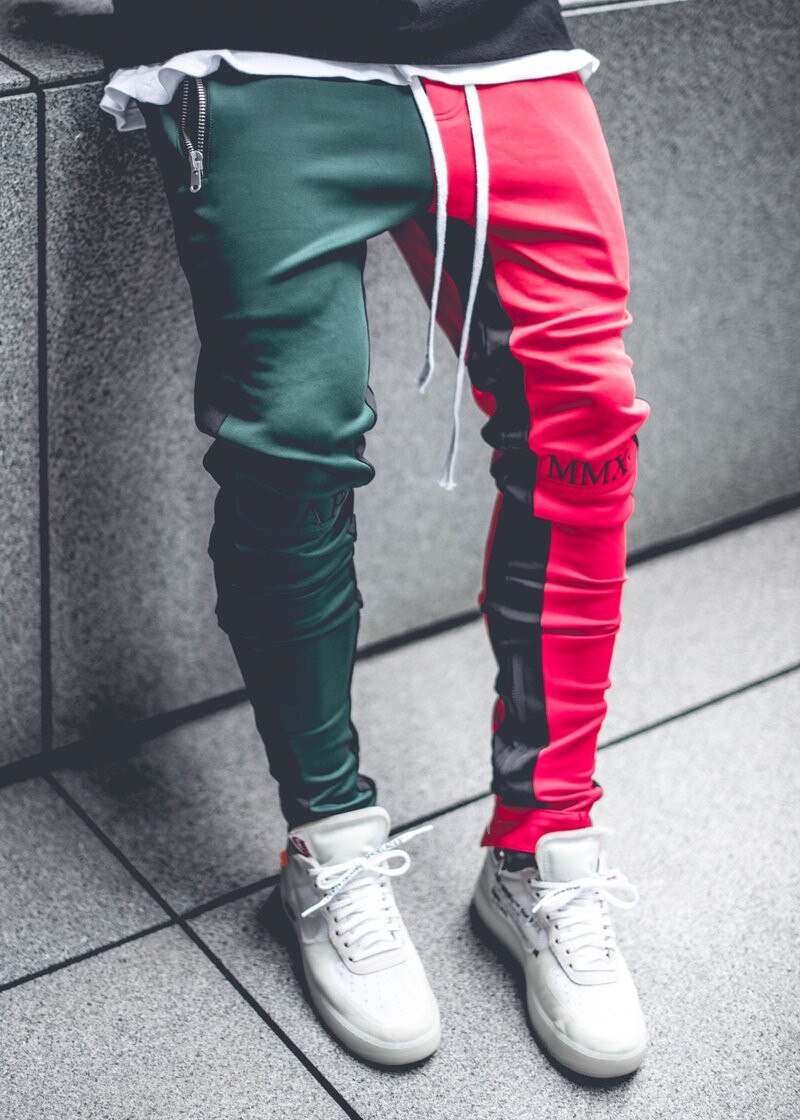 Joggingbukser mænd gym sprot bukser gym bodybuilding træningsbukser sportstøj bane atletiske bukser løbe herrebukser lycra: Grøn rød / Xxl