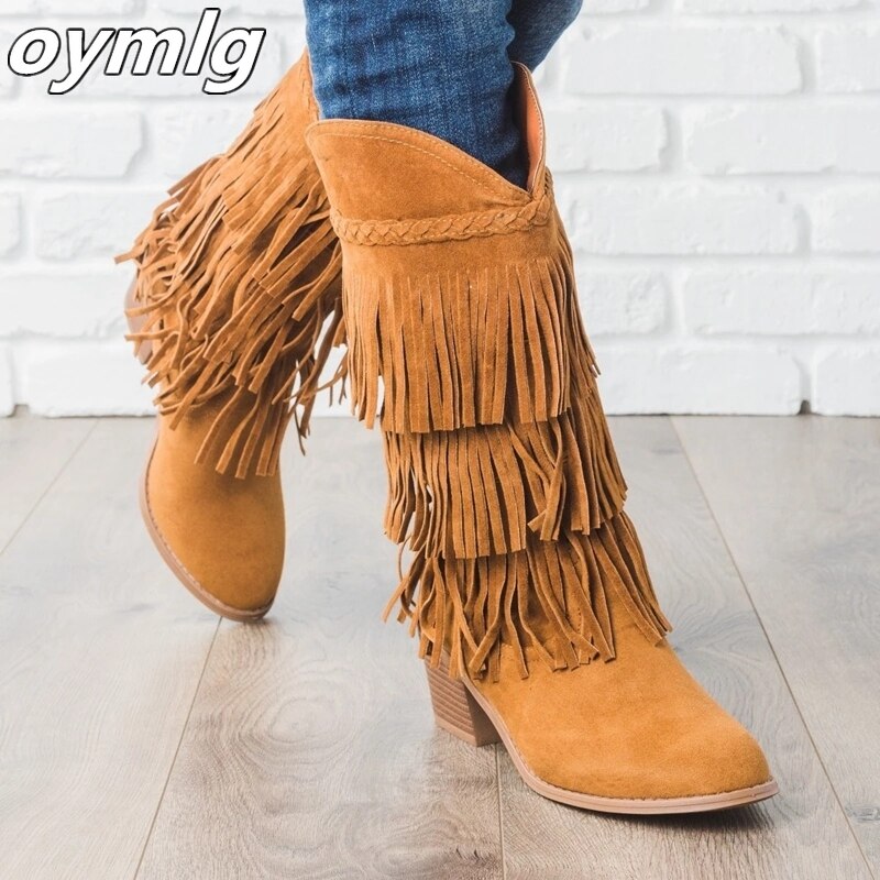 Vrouwen bohemian boho hak laars etnische vrouwen kwastje franje imitatie suède meisjes leren enkellaarsjes platte schoenen laarsjes