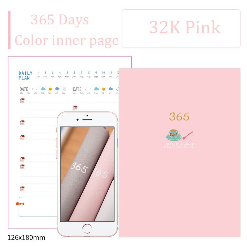 365 Days DIY Notebook Agenda A6 Diary Monthly Weekly Planner Organizer Color Paper Notebooks and Journals Drawing Book: Pink-02