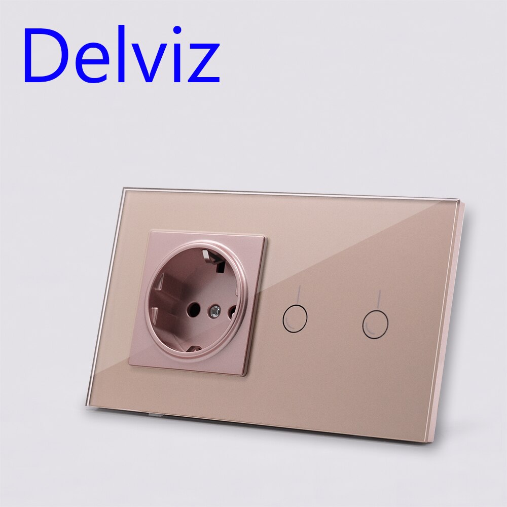 Delviz EU Standard Wall Switch Socket, 2Gangs 1Way/2Way,Model 146,mains jack,Home Touch Screen Light Switch, Crystal Glass Panel