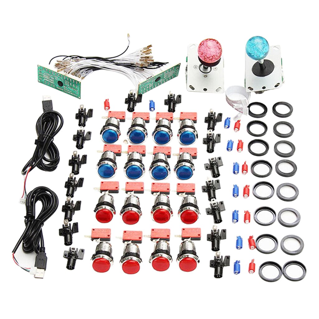 2 Player Arcade Game DIY Kit LED Button for PC Raspberry Pi Arcade Fight Joystick: Red Blue