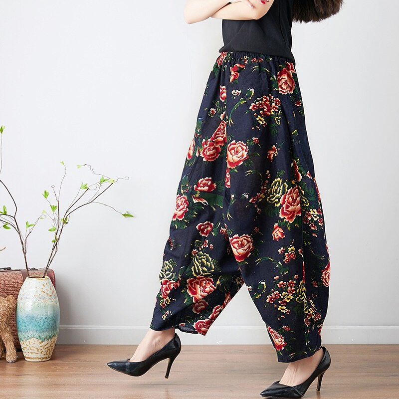 China Style Baggy Harem Pants Women Causal Print Cross-Pants Loose Trousers Lantern Wide Leg Cotton Linen Retro Pants Plus 11435