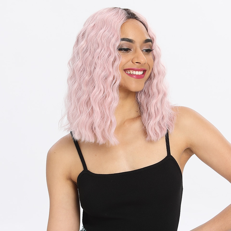 Pelucas sintéticas mágicas de 14 "con flequillo rosa y rojo, resistentes al calor, ondas al agua, para mujeres negras, encaje de estilo africano y americano