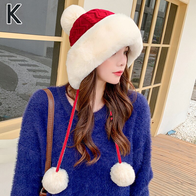 Gorro de nieve grueso con pompones para mujer, gorro cálido de punto, suave, , para esquí, Invierno: K