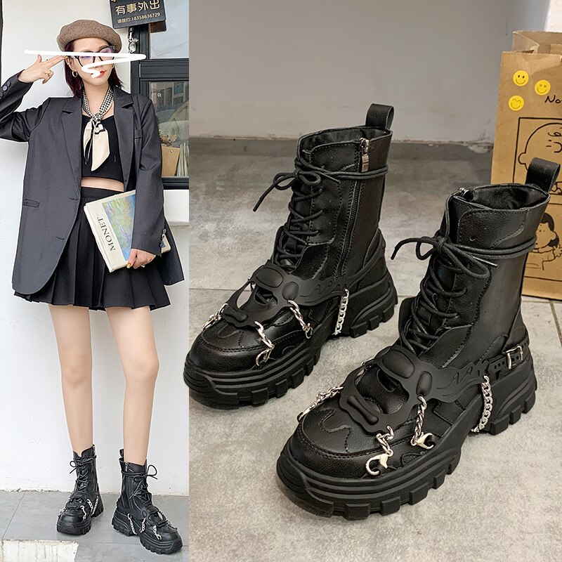 Botas de plataforma punk gótico para mujer, botas de combate negras con botones de metal, botas de moto para mujer