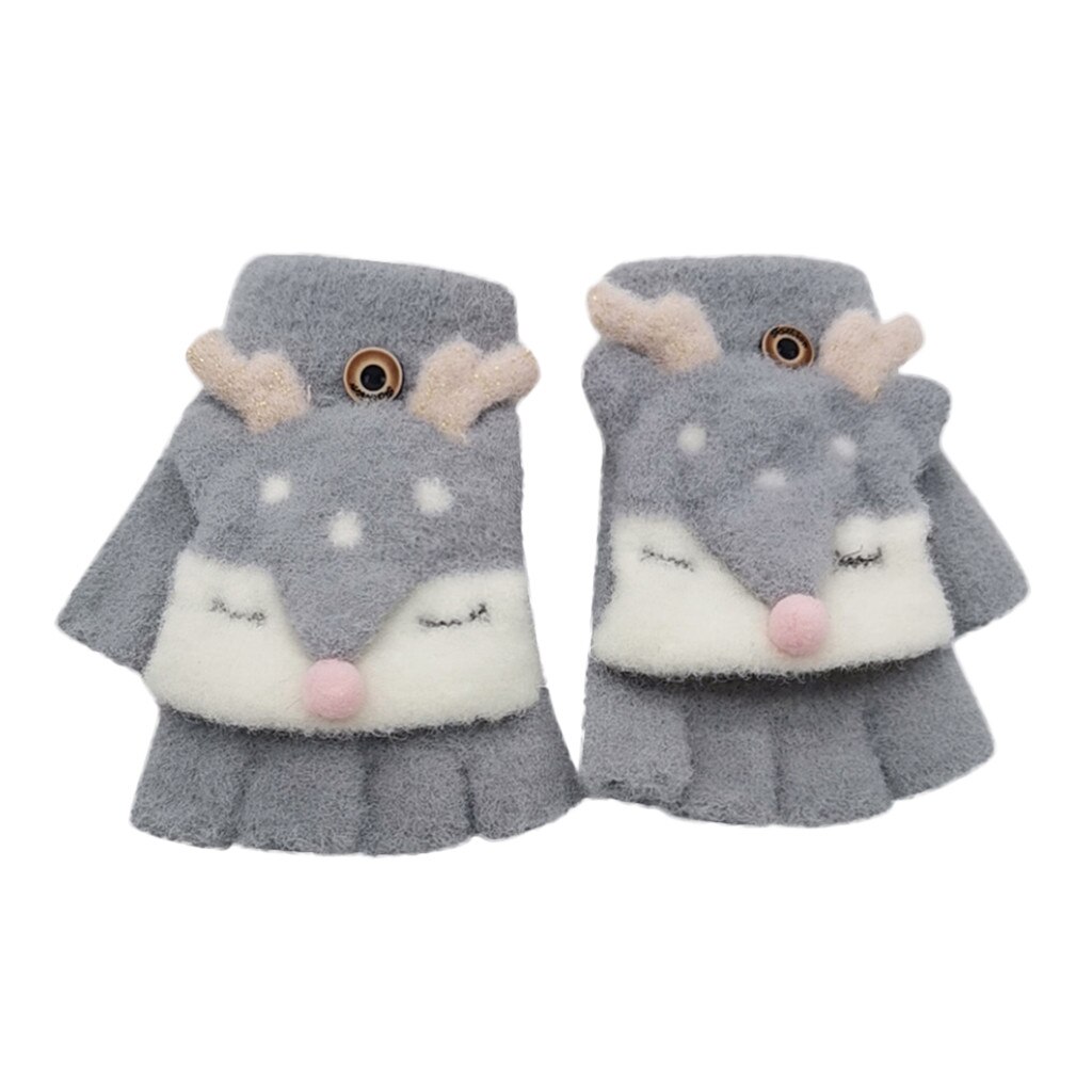 Christmas Kids Half Finger Antler Gloves Baby Boy Girl Warm Convertible Flip Top Gloves Cute warm baby gloves Guantes de: Gray A