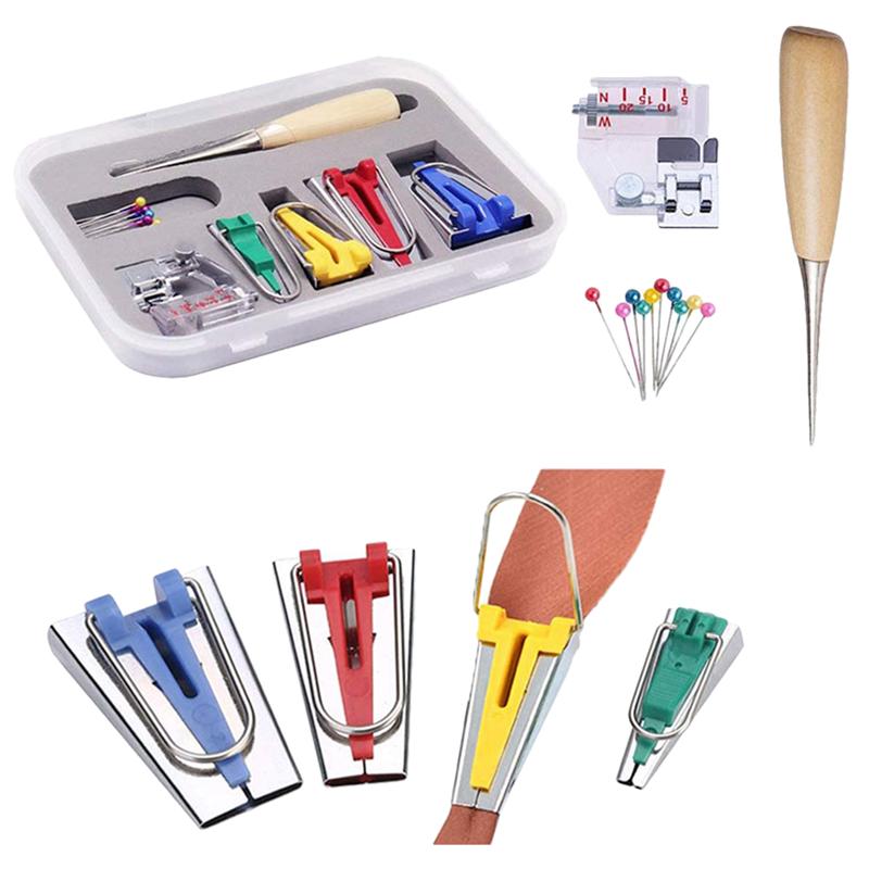 Stof Bias Tape Maker Set Stoffen Kleermakers Bias Tape Makers Bindmiddel Voet Houten Priem Clips Pins Diy Naaien Quilten Tool set