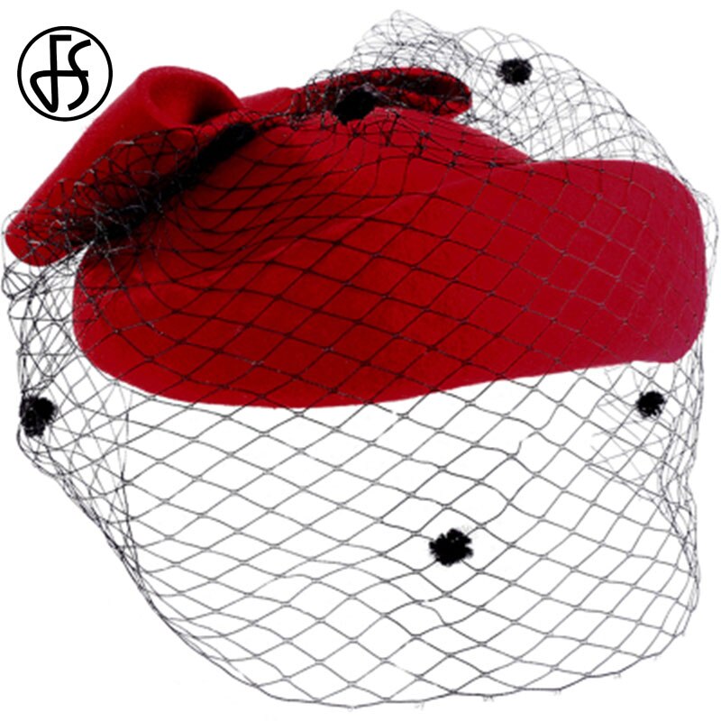 Fs sort hat til kvinder slør vintage uldfilt pilleæske hatte fascinator dame rød bryllup cocktail hatte sløjfe derby fedora