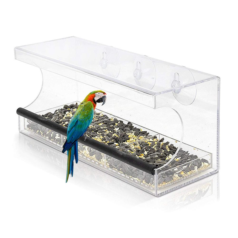 Acrylic Automatic Bird Seed Feeder Transparent Wall Mounted Pet Feeding Device Removable Tray Outdoor Three Grid Food Container