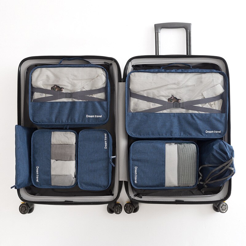 Hylhexyr 7 pçs men viagem fim de semana saco conjunto duffle sacos de bagagem roupas organizador bolsa oxford cubos de embalagem à prova dwaterproof água unisex: Azul profundo