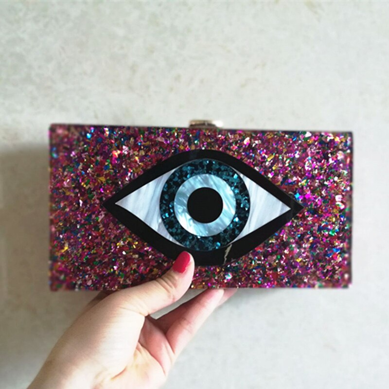 Perleblå farverig onde øjne boks clutches kvinder skulderklap tegneserie akryl pung pung rejsemærke fest gilr tasker håndtasker
