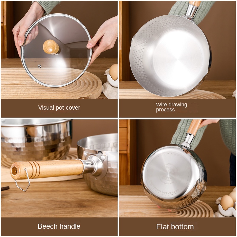 Padella in acciaio inossidabile Padella da neve giapponese Manico in legno Coperchio Pentole per stufato Frittura Wok Pentola per latte Utensili da cucina Pentole pratiche