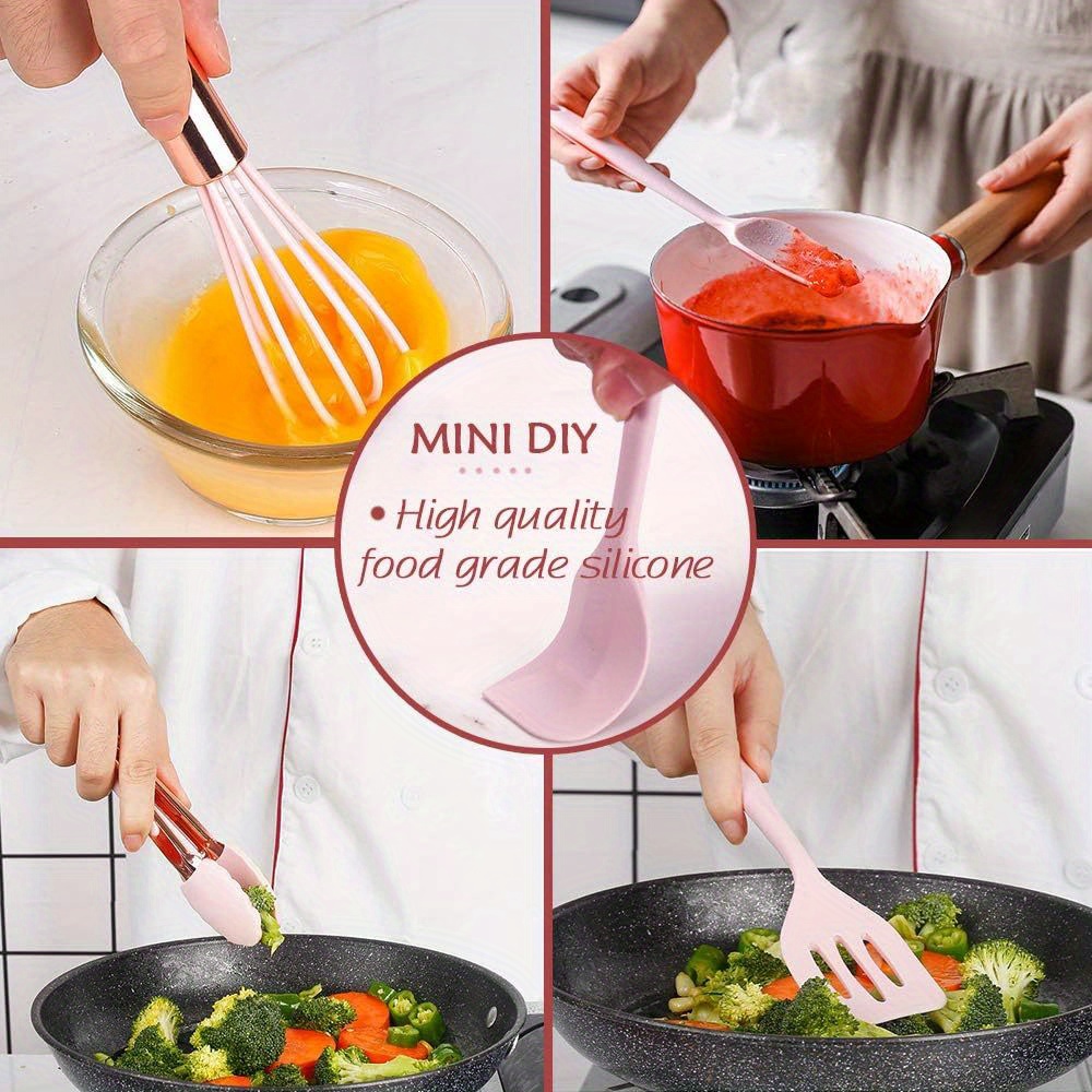 Five piece set of rose gold and pink kitchen utensils, mini silicone kitchen tools, mixing spatula, spoon, and slotted spatula