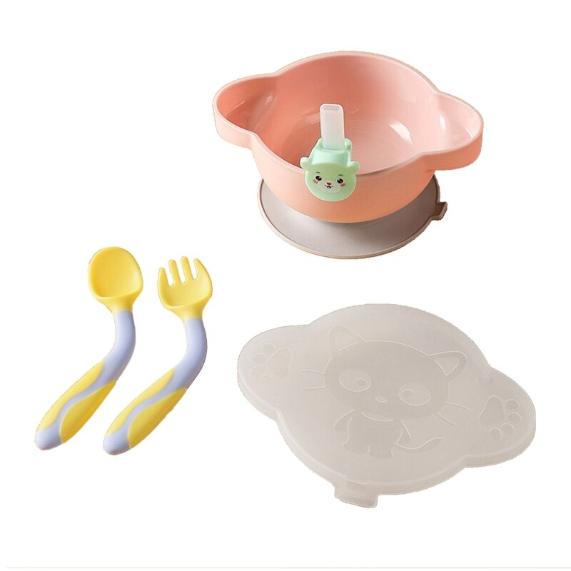 Assiette à dîner pour bébé, bol à ventouse avec cuillère à paille, ensemble de fourchettes, plats antidérapants à succion, formation, vaisselle d&#39;alimentation pour tout-petits: Pink
