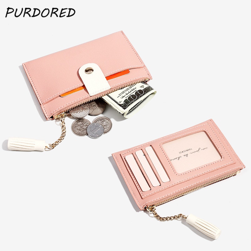 PURDORED 1 Pc Women Tassel Card Holder Wallet Small Credit Card Case PU Female Minimalist Zipper Mini Coin Purse Wallet