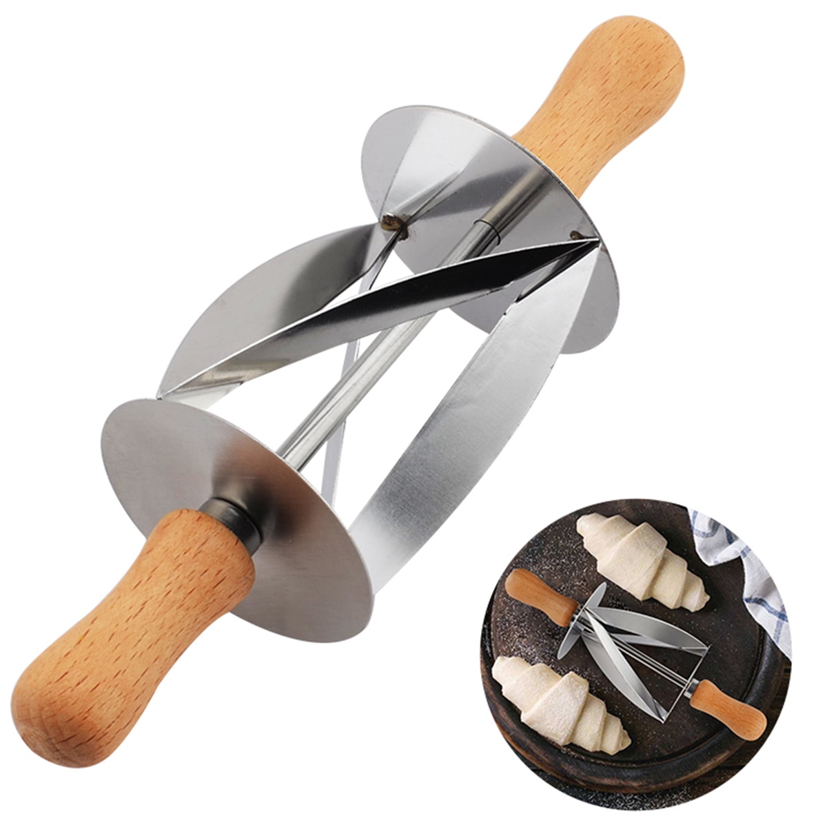 Rolling Cutter Croissant Brood Maker Rvs Roller Plakjes Met Houten Handvat Deeg Mes Keuken Bakken Tools