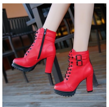 Women High Heel 11 cm Shoes Martain Boot Leather Lace-Up British Style Solid Color Round Toe Shoe Retro Rivet Motorcycle Boots: Red / 6
