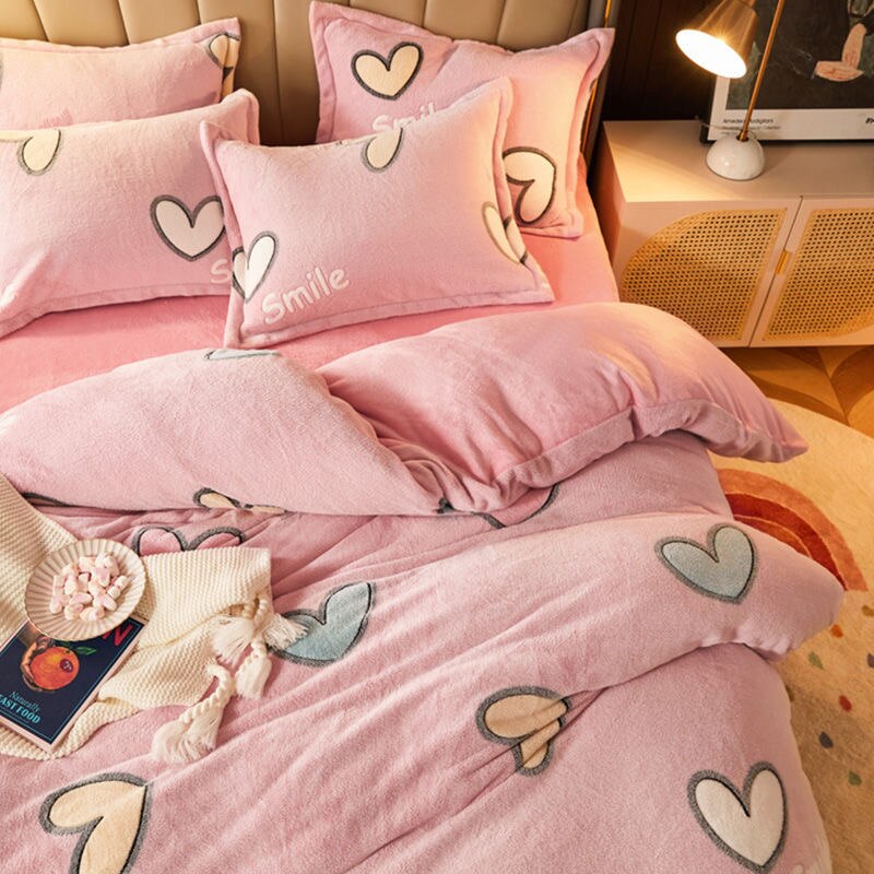 JUSTCHIC doux amour coeur imprimé parure de lit hiver flocon de neige velours épaissir housse de couette unique reine housse de couette + taie d'oreiller