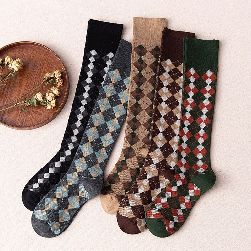 Diamond plaid pattern Green Knee socks women ins Party knee-high stockings Over Knee long ladies girls