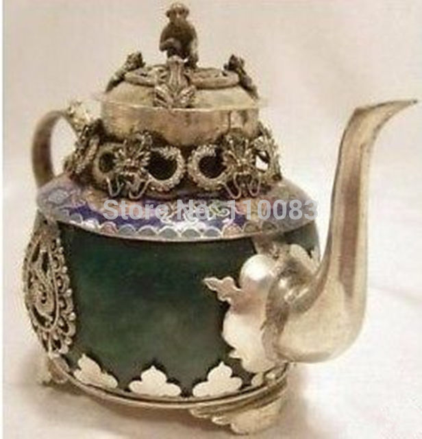 Vintage Handwerk Theepot Voor Chinese Oosterse Rare tibet zilveren aap draak groene jade theepot Antieke Metalen