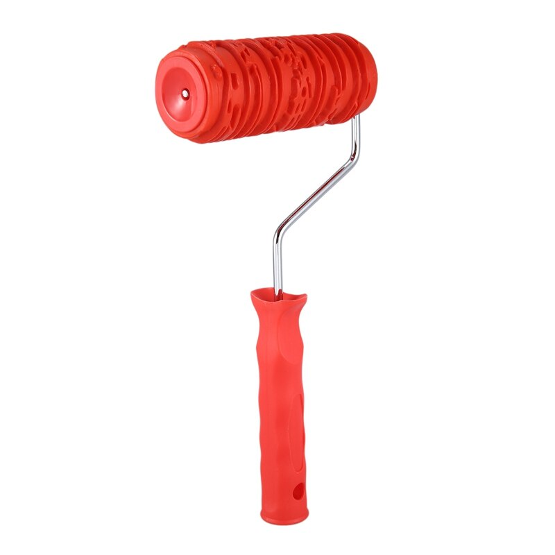 AYHF-6 Inch Painting Roller with Handle Rubber Wood Pattern Graining Knurling Tool for Wall Decoration Red