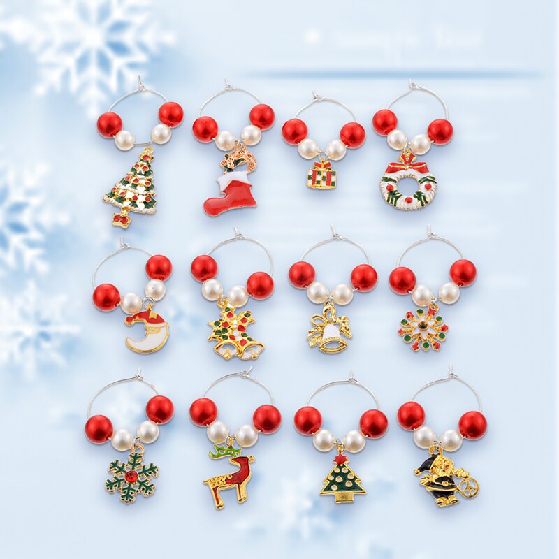 (Homemade) 12Pcs/set Christmas Party Glass Pendant Acrylic Beads Zinc Alloy Pendants Wine Glass Cup Ring Decorations Markers: Default Title